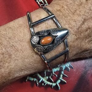 Vintage Navajo Sterling Silver Coral Cuff Bracelet.